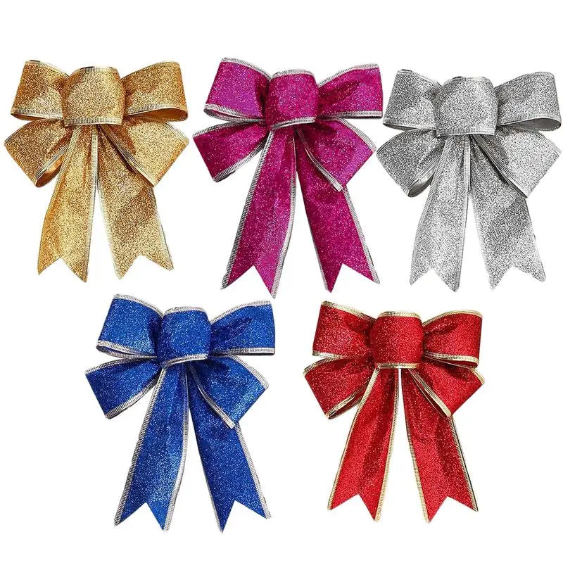 5pcs Glitter Christmas Bows Xmas Tree Ornaments Big Bowknot New Year Christmas Holiday Party Decoration Gifts Wreath Ribbon Bows