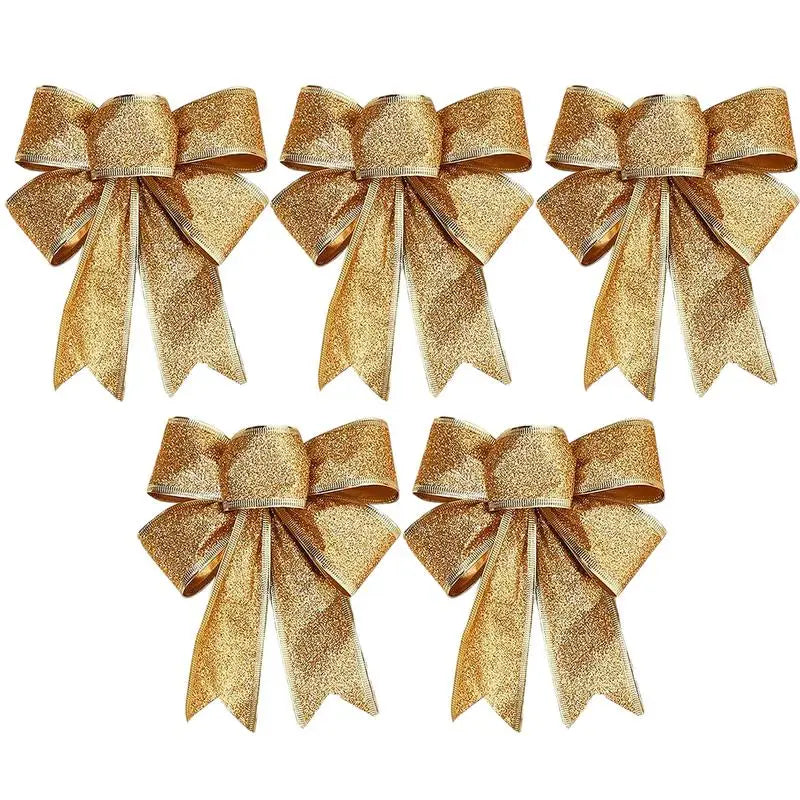 5pcs Glitter Christmas Bows Xmas Tree Ornaments Big Bowknot New Year Christmas Holiday Party Decoration Gifts Wreath Ribbon Bows