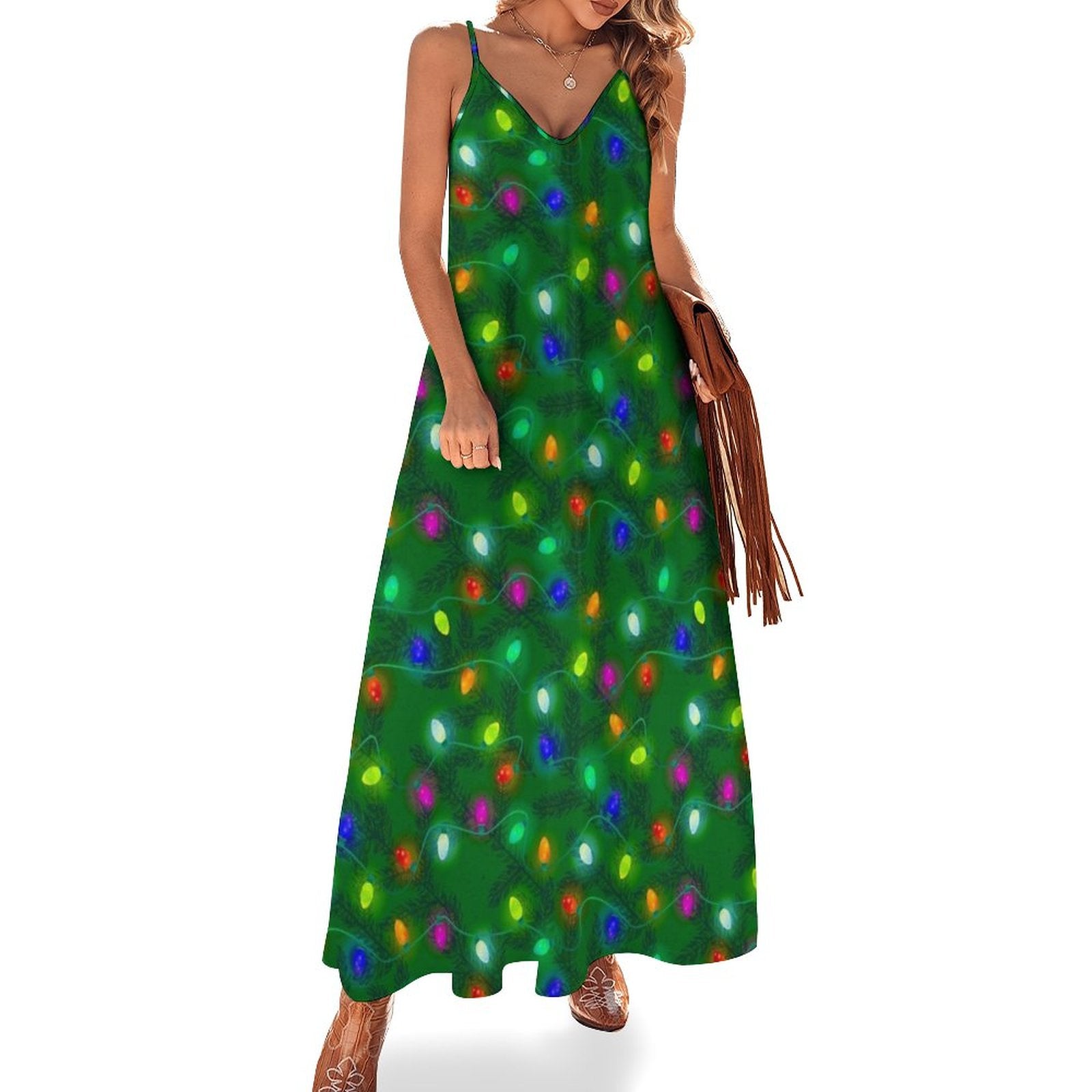 Holiday Lights and Snowflakes on a Green Christmas Tree Sleeveless Dress Aesthetic clothing luxury woman evening dress