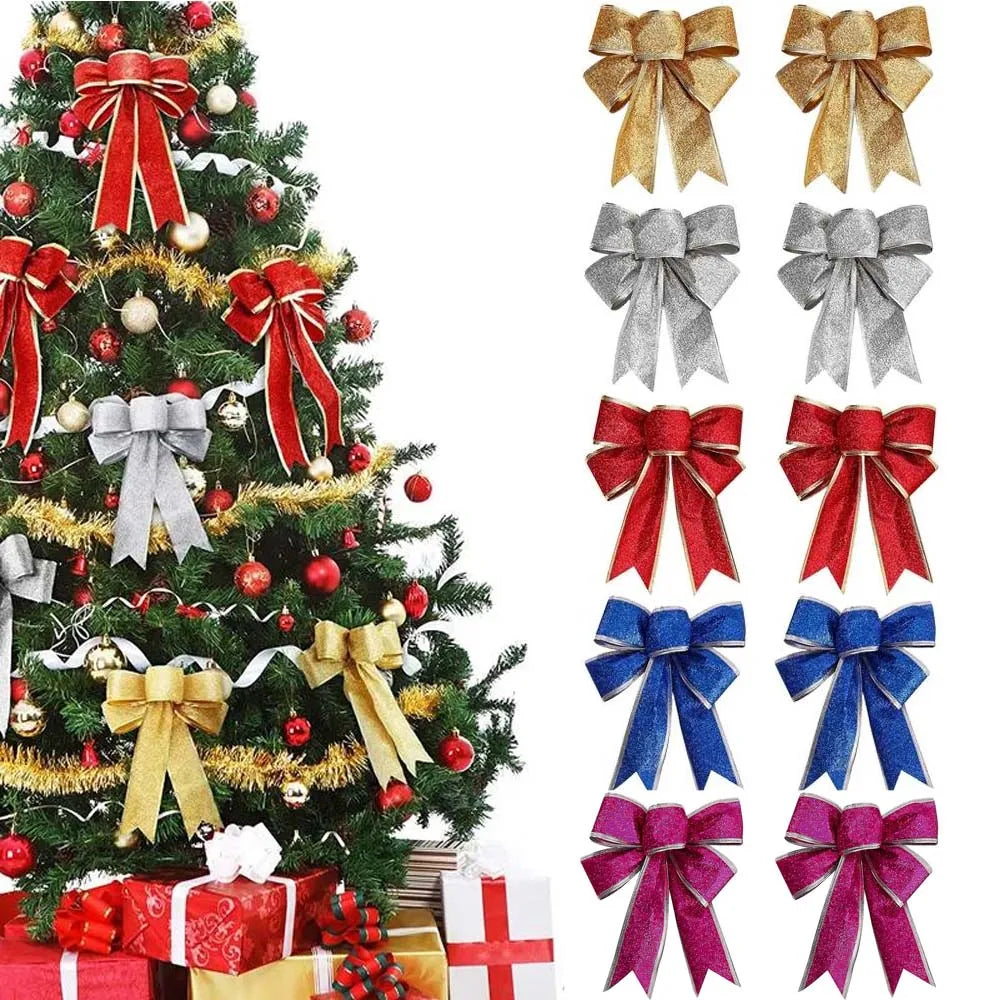 5pcs Glitter Christmas Bows Xmas Tree Ornaments Big Bowknot New Year Christmas Holiday Party Decoration Gifts Wreath Ribbon Bows