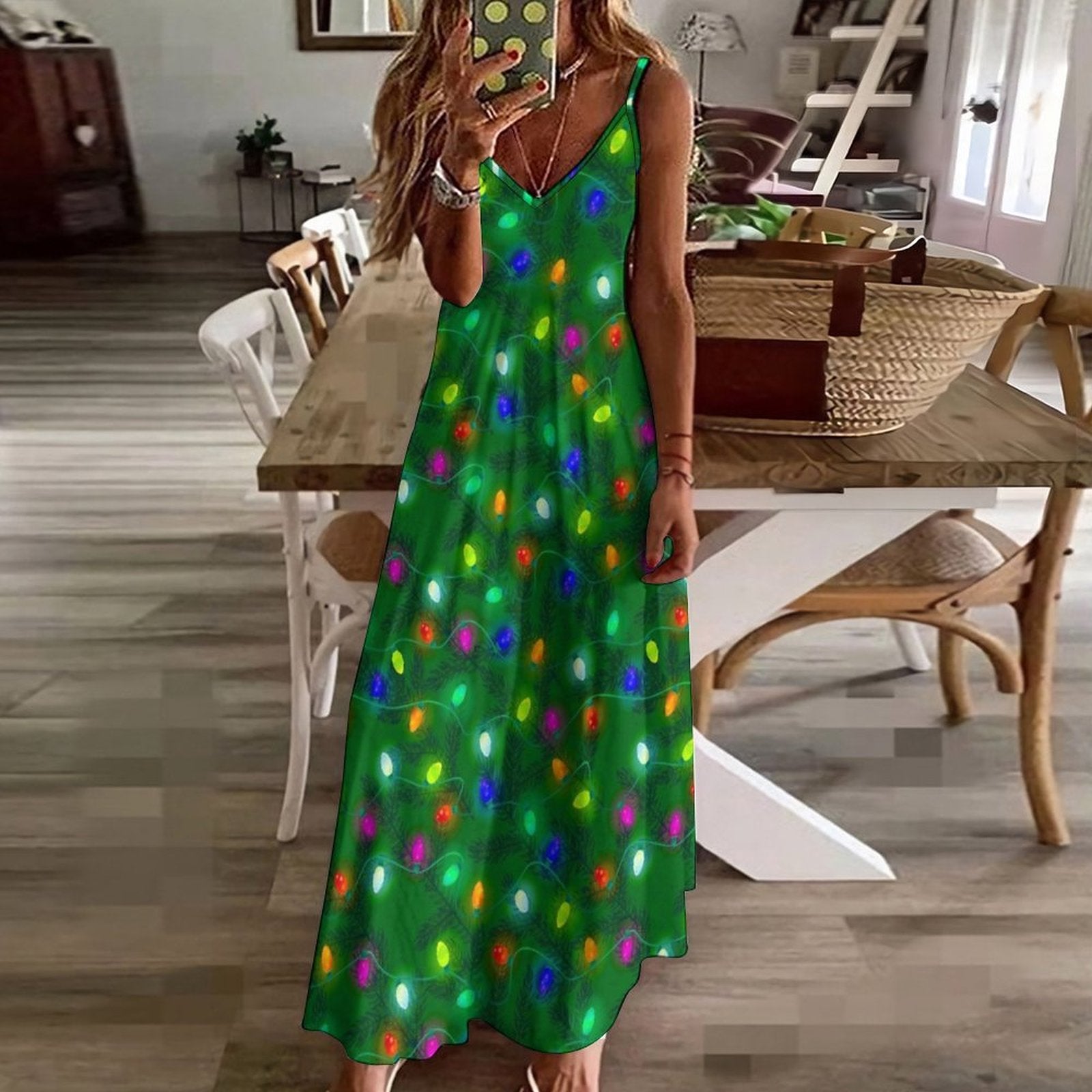 Holiday Lights and Snowflakes on a Green Christmas Tree Sleeveless Dress Aesthetic clothing luxury woman evening dress