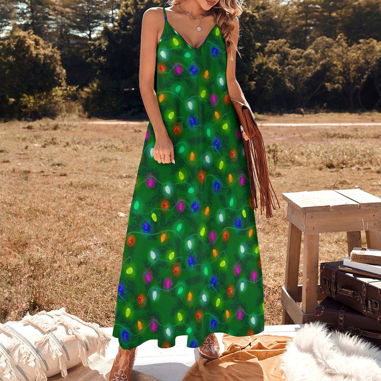 Holiday Lights and Snowflakes on a Green Christmas Tree Sleeveless Dress Aesthetic clothing luxury woman evening dress